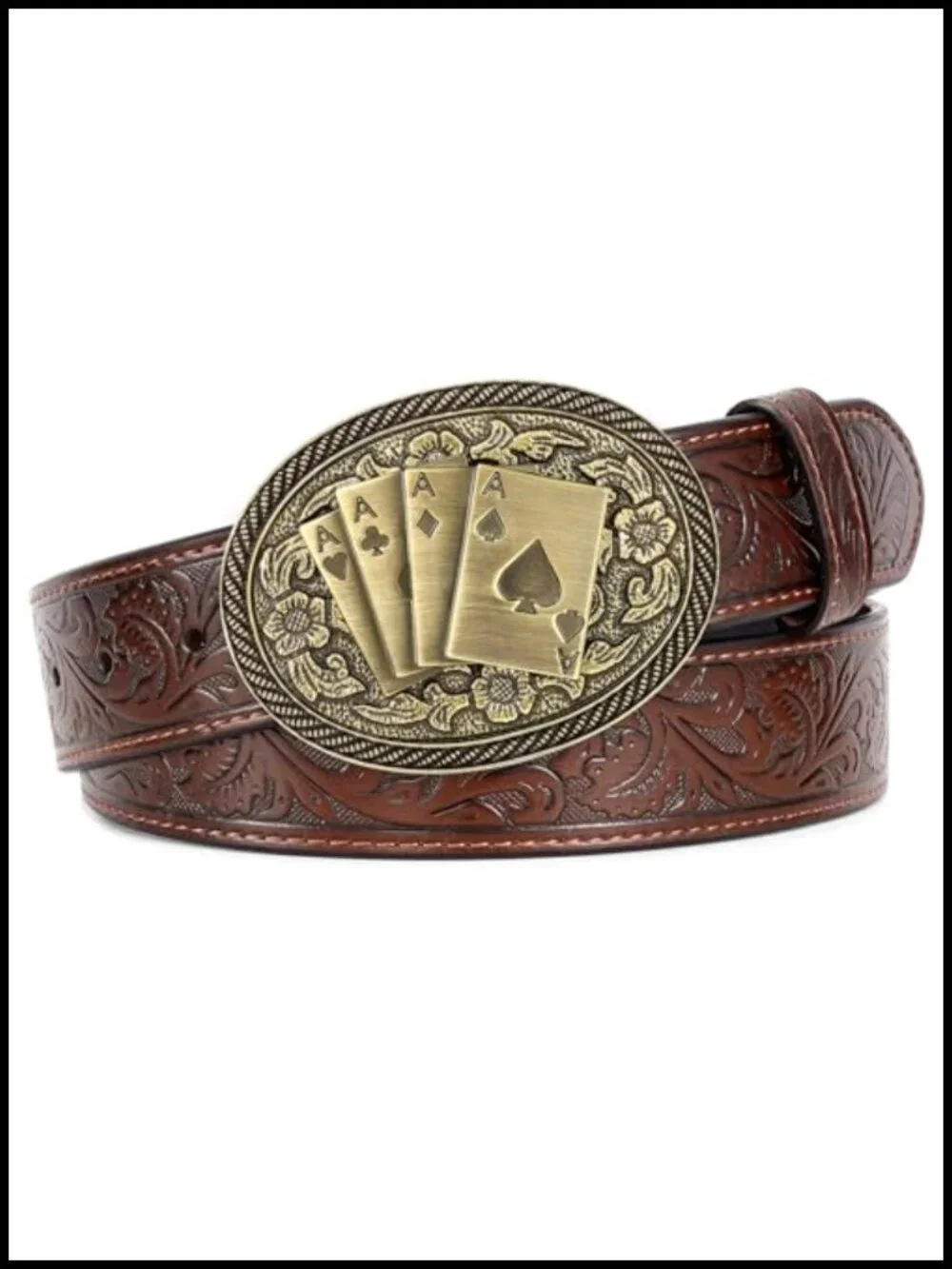 Vintage Western Cowboy Belt Men Women Floral Carved Leather Detachable Buckle